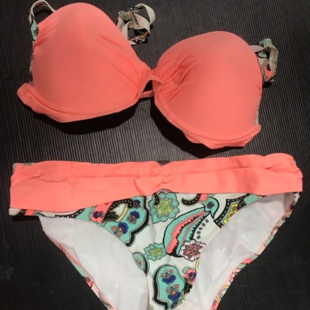 2 Piece Swimsuit Tangerine Green Palms Print Comfortable Women's Gift Size XXL‎